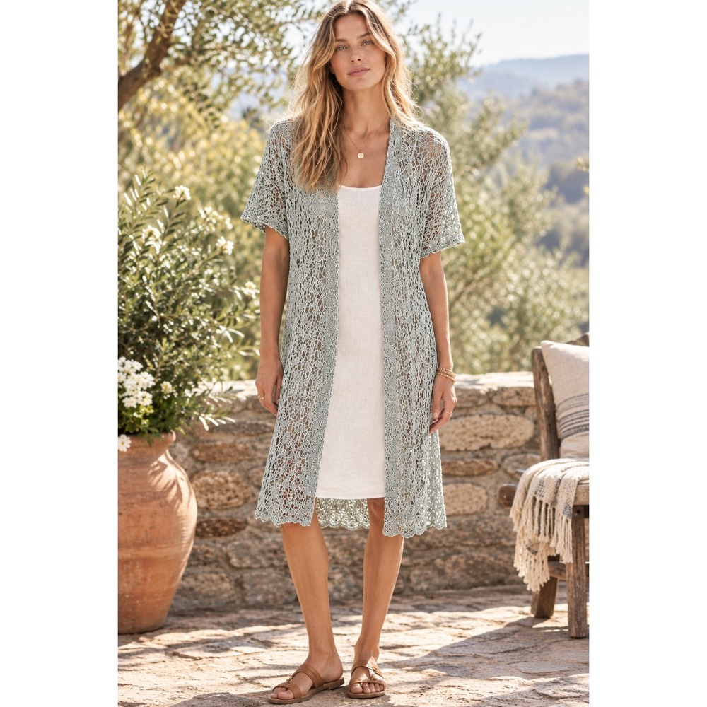Eileen Fisher Open Knit Duster Cardigan Sweater Large Linen Cotton Gray Boho